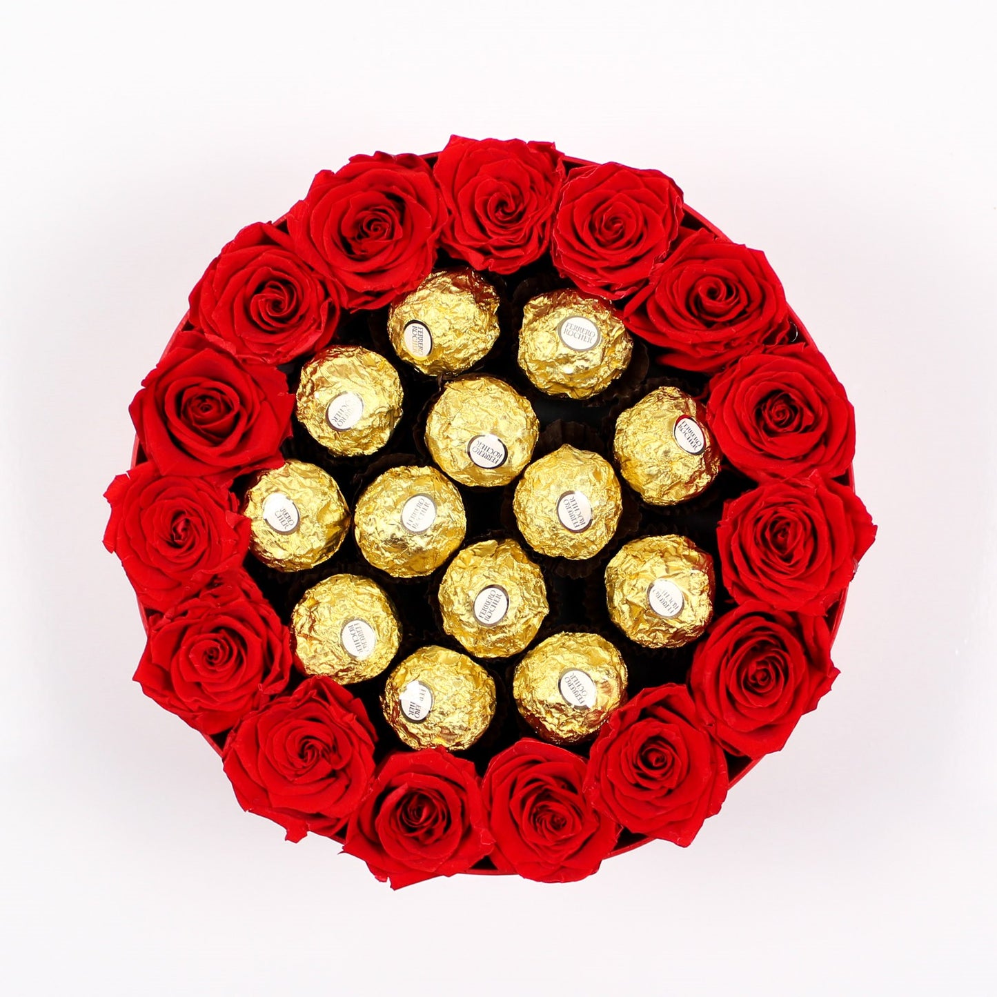 BLACK ROUND BOX | FERRERO ROCHER & RED ROSES