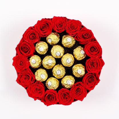 BLACK ROUND BOX | FERRERO ROCHER & RED ROSES