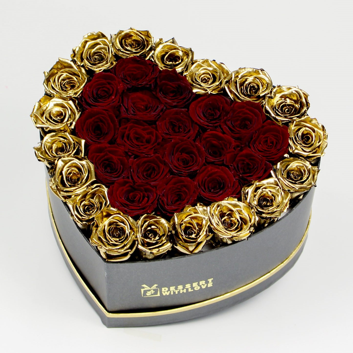 BLACK HEART BOX | DARK RED & GOLD ROSES