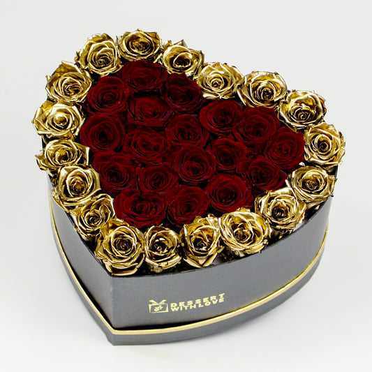 BLACK HEART BOX | DARK RED & GOLD ROSES